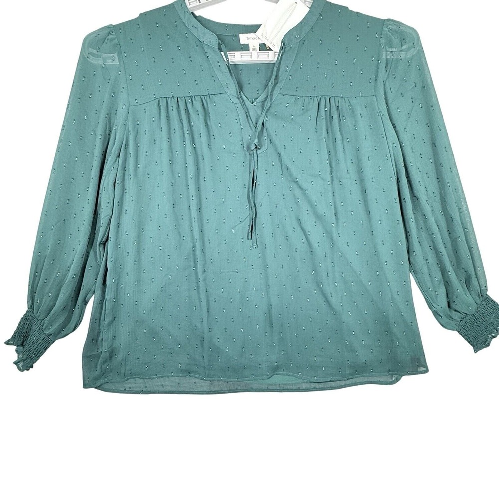 TAMARA H long sleeve top 1X Emerald Green W Shimmer Boho lined Tie W Tassels